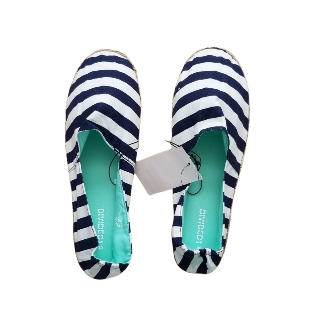 H&M Divided Classic Blue and White Striped Espadrilles Size 8.5.